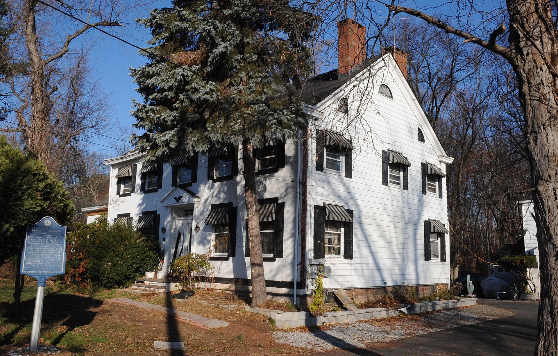 BUILT CIRCA 1810 IN GREEK REVIVAL STYLE BY JOHN DEMAREST WHO WAS A FARMER WITH AN INTEREST IN RIVER TRADE USING THE HACKENSACK RIVER. — New Milford, New Jersey