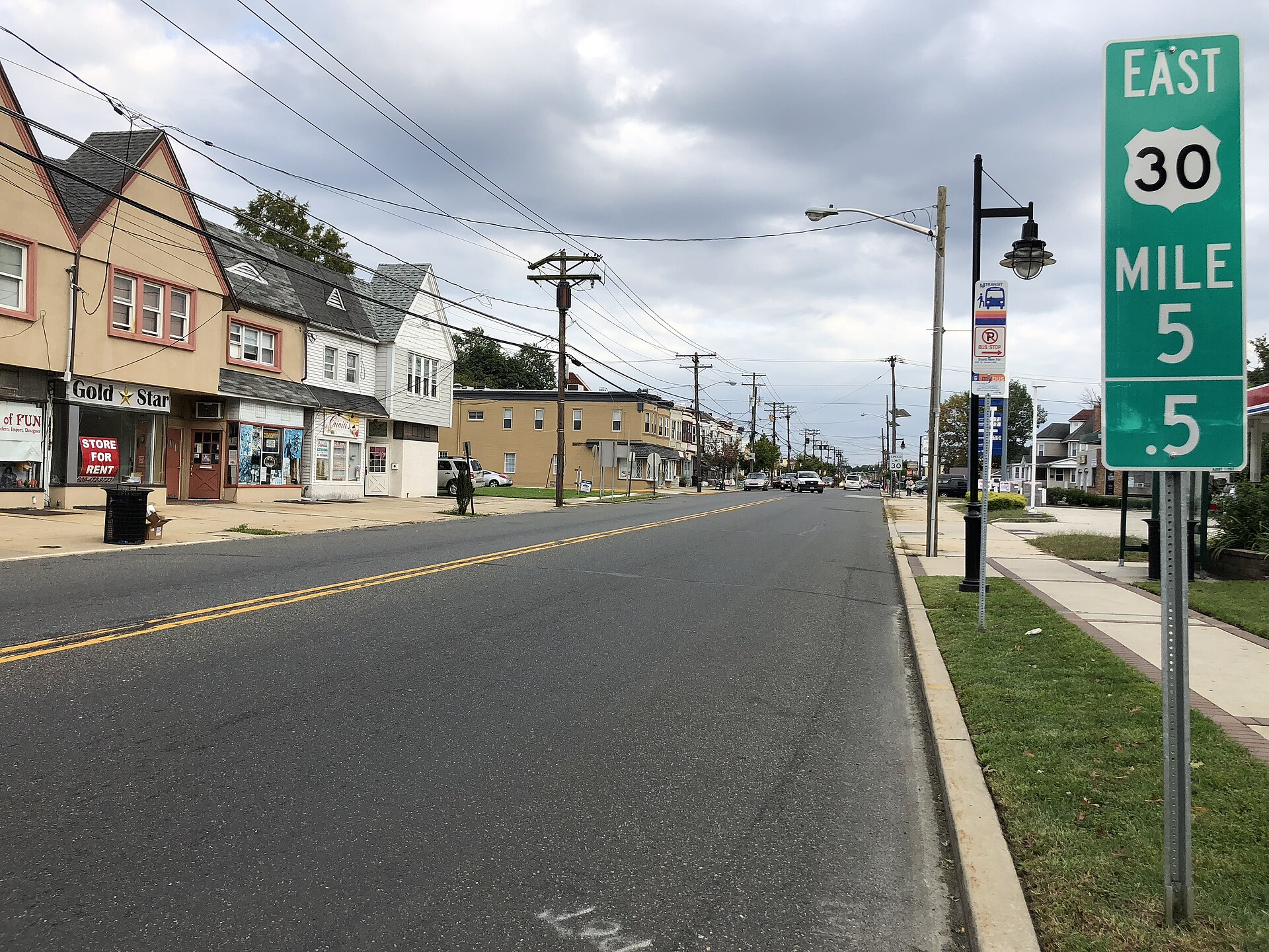 View east along U.S. Route 30 (White Horse Pike) just east of Camden County Route 649 (West Clinton Avenue) in Oaklyn, Camden County, New Jersey
