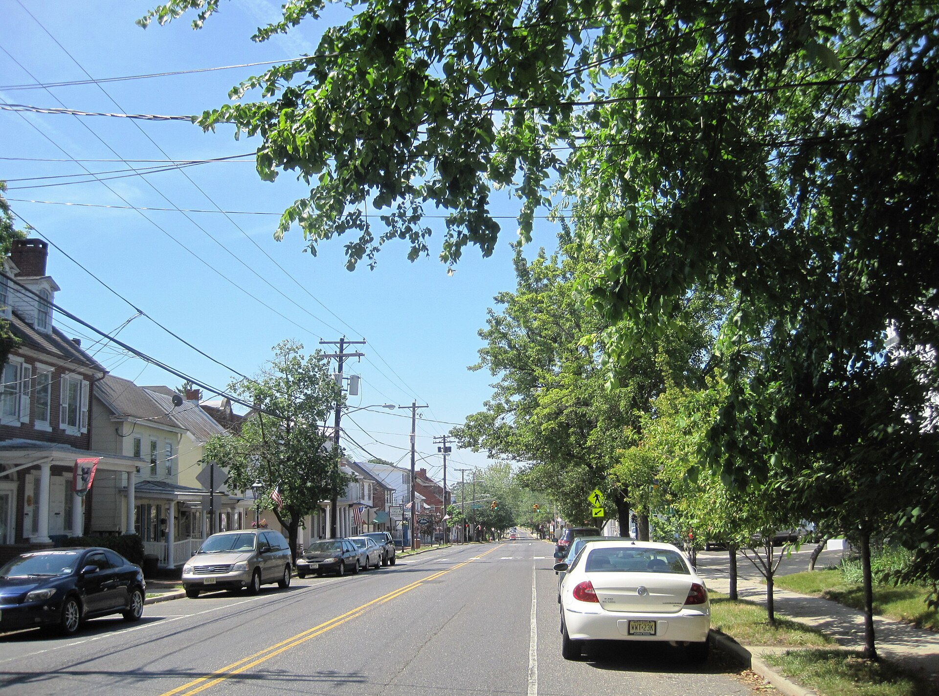 Photo of the center of Pemberton borough, New Jersey. Photo taken on westbound Hanover Street (County Route 616) approaching Elizabeth Avenue (CR 687).