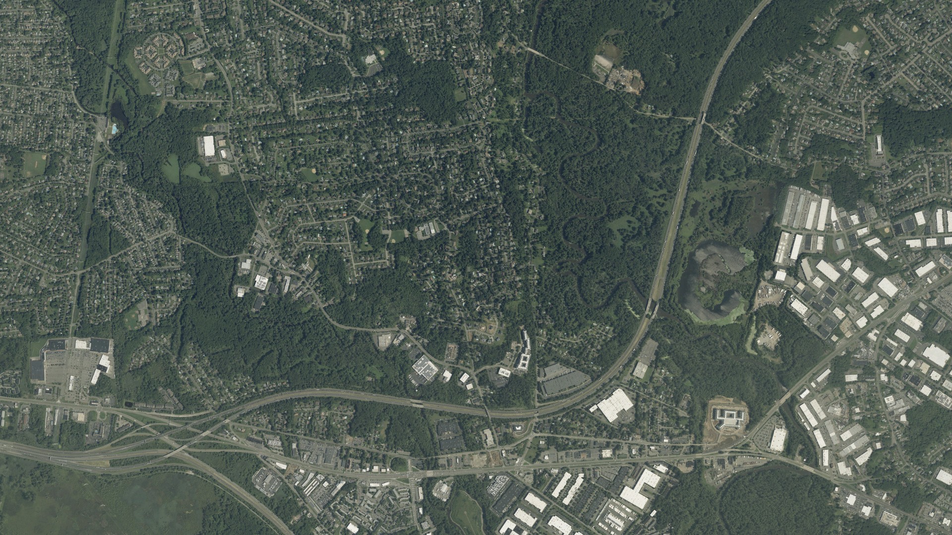 Natural-color aerial photograph of land around Pine Brook, New Jersey