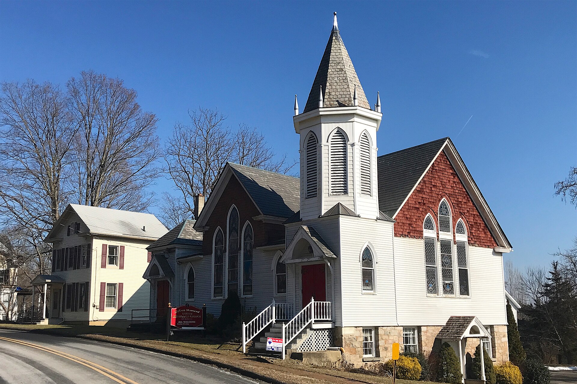 Historic McCrea Memorial Methodist Church in Port Murray, New Jersey. Contributing property #62 in the Port Murray Historic District. Contributing property #61 seen on the left.
