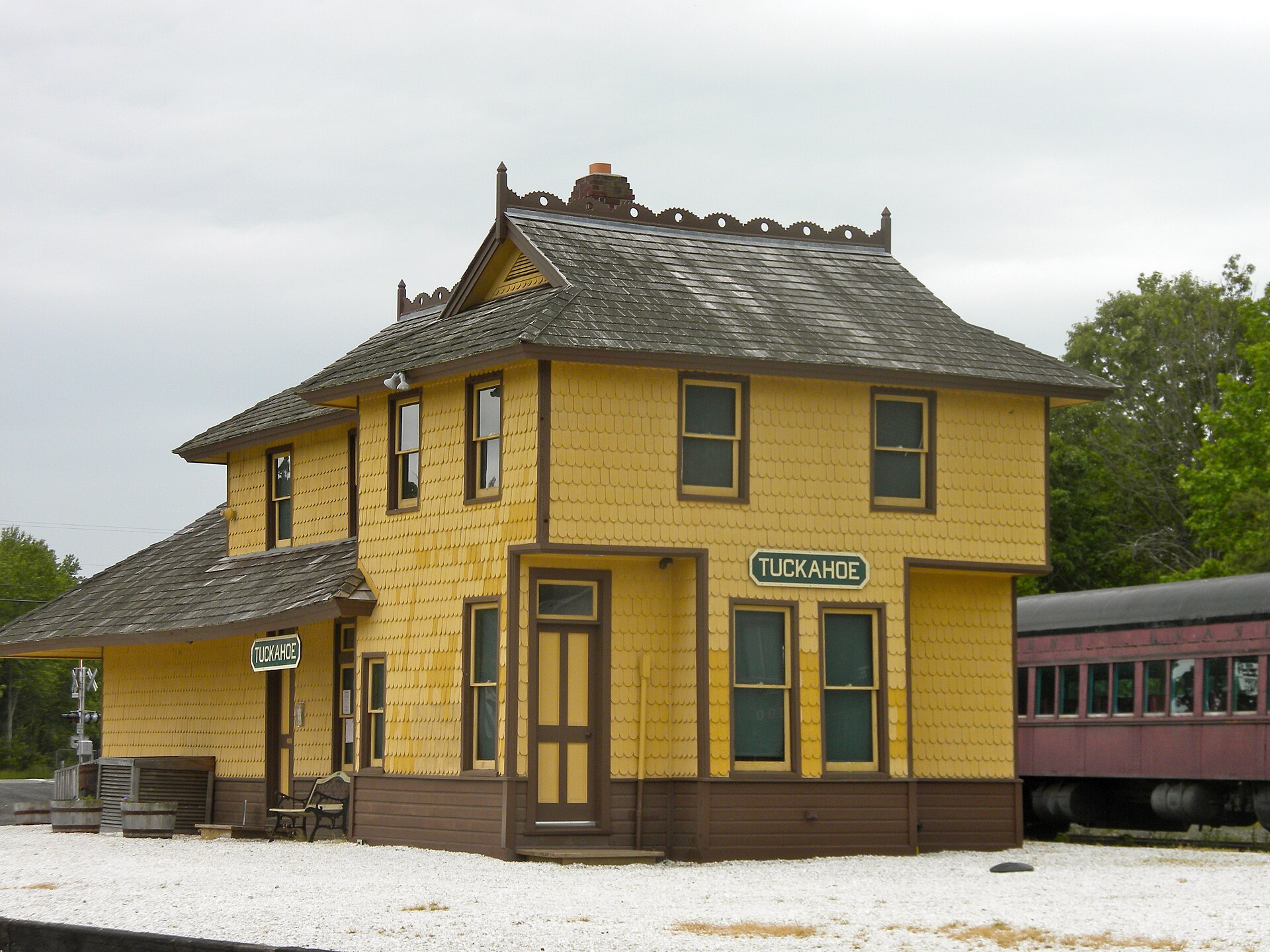 View of Tuckahoe Station, Railroad Ave. and Mill Rd. in Tuckahoe, Upper Township, Cape May County, New Jersey. Built 1894. Listed on NRHP June 22, 1984. Headquarters for Cape May Seashore Lines.