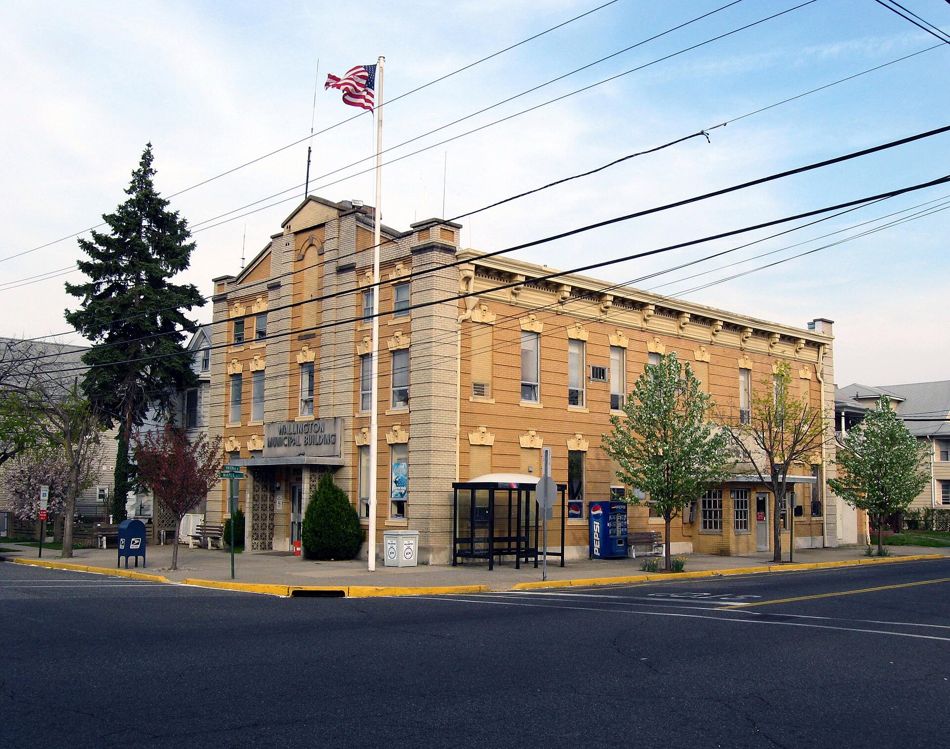 Wallington, NJ Municipal Building at 45 Union Avenue, looking east on a sunny late afternoon in early spring. — New Jersey