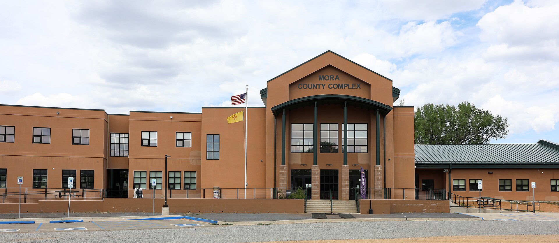 A view of the Mora County Complex, located at 7 Courthouse Drive in Mora, New Mexico, 87732. The complex houses Mora County courts and other county offices.