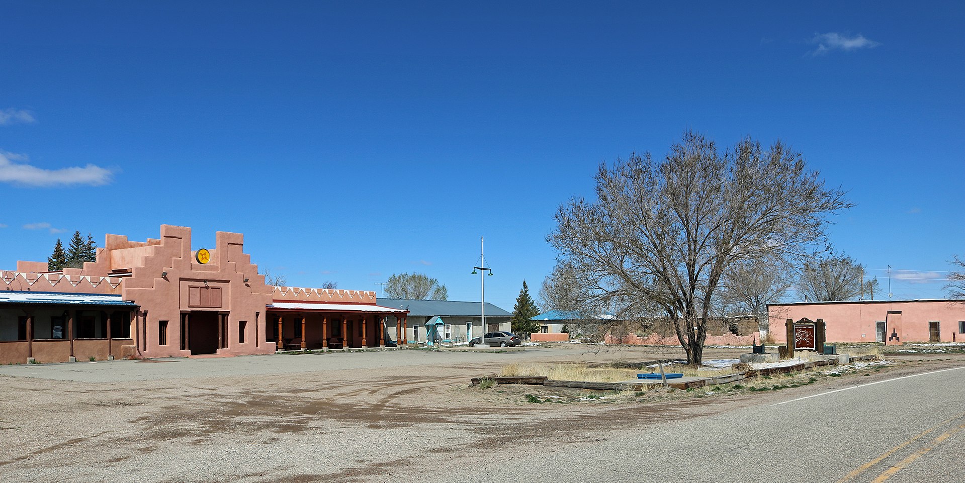 La Plaza de Arriba in Costilla, New Mexico. The road in the picture is New Mexico State Road 196. Costilla is in Taos County.