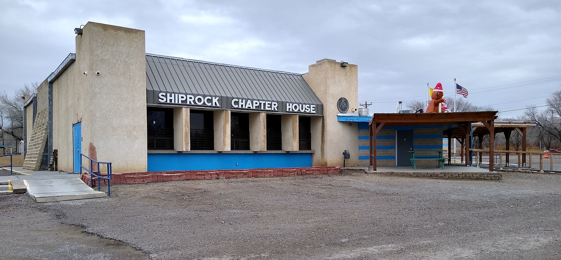 Shiprock Chapter House in Shiprock, New Mexico (part of the Navajo Nation). Christmas decorations are visible on the right.