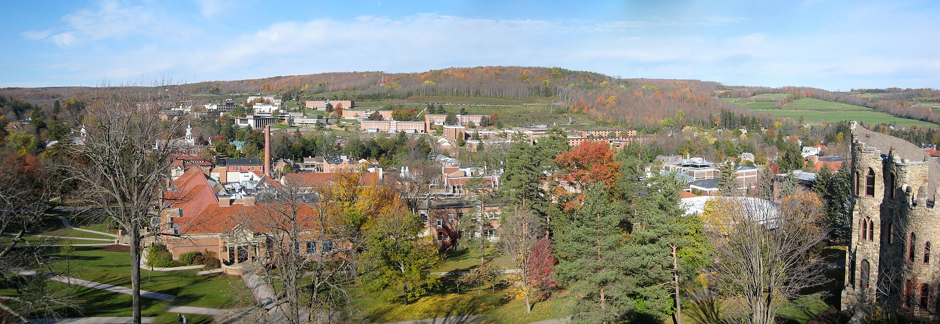 A panorama showing buildings from Alfred University (in the foreground) and Alfred State College (in the background). — Allegany County, New York