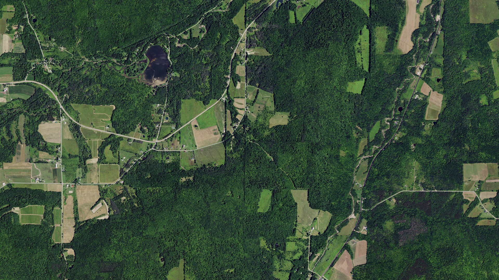 Natural-color aerial photograph of land around Belfast, New York