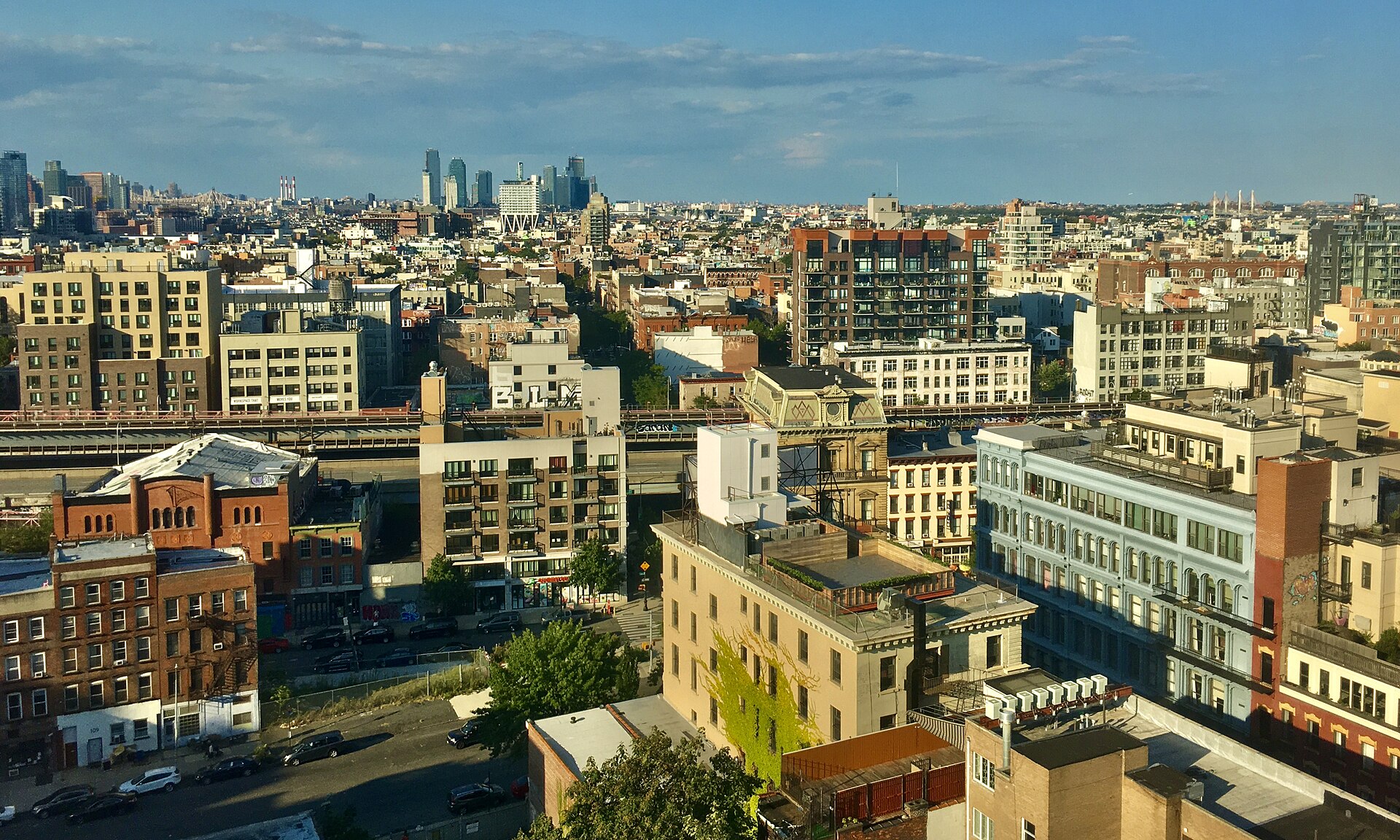 View northeastward over North Williamsburg and Greenpoint as seen from near the top of the apartment building at 424 Bedford Avenue, Brooklyn, New York, September 2020. — Kings County, New York