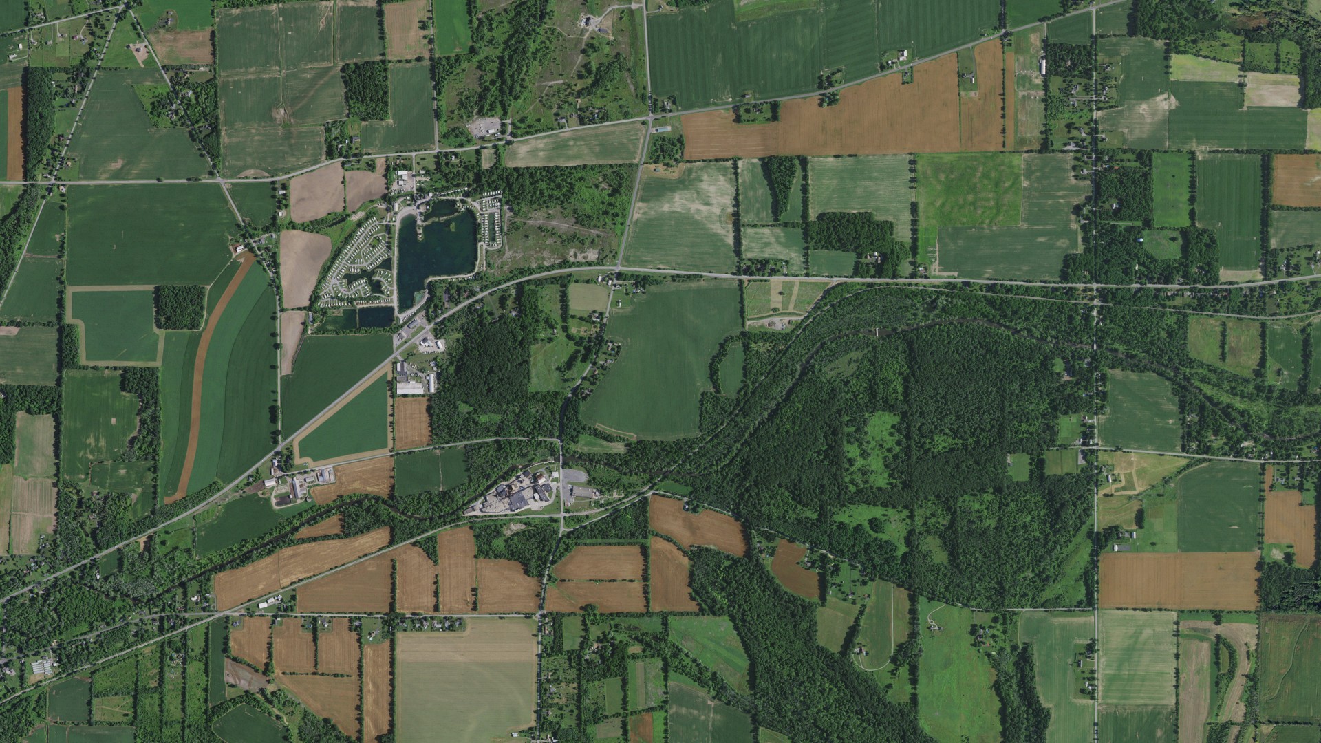 Natural-color aerial photograph of land around Wheatland, New York