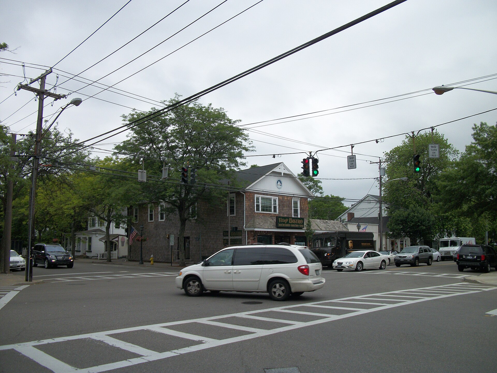 Station Road, facing Bellport Lane at the intersection of South Country Road and the Village Bistro, still only a small part of the Bellport Village Historic District in Bellport, New York.