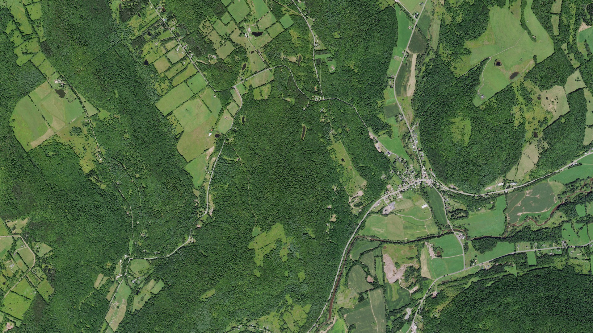 Natural-color aerial photograph of land around Bloomville, New York