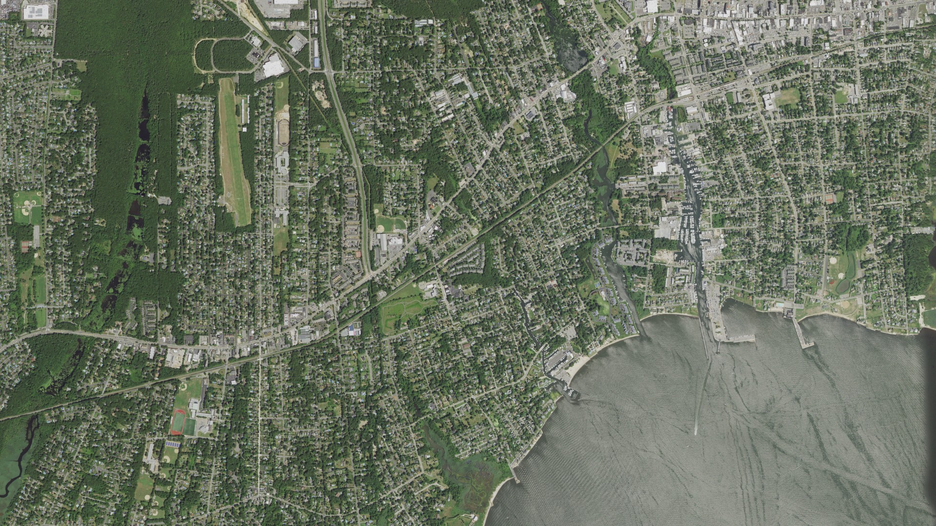 Natural-color aerial photograph of land around Blue Point, New York