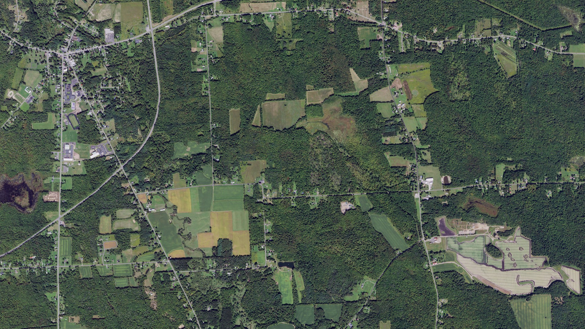 Natural-color aerial photograph of land around Hannibal, New York