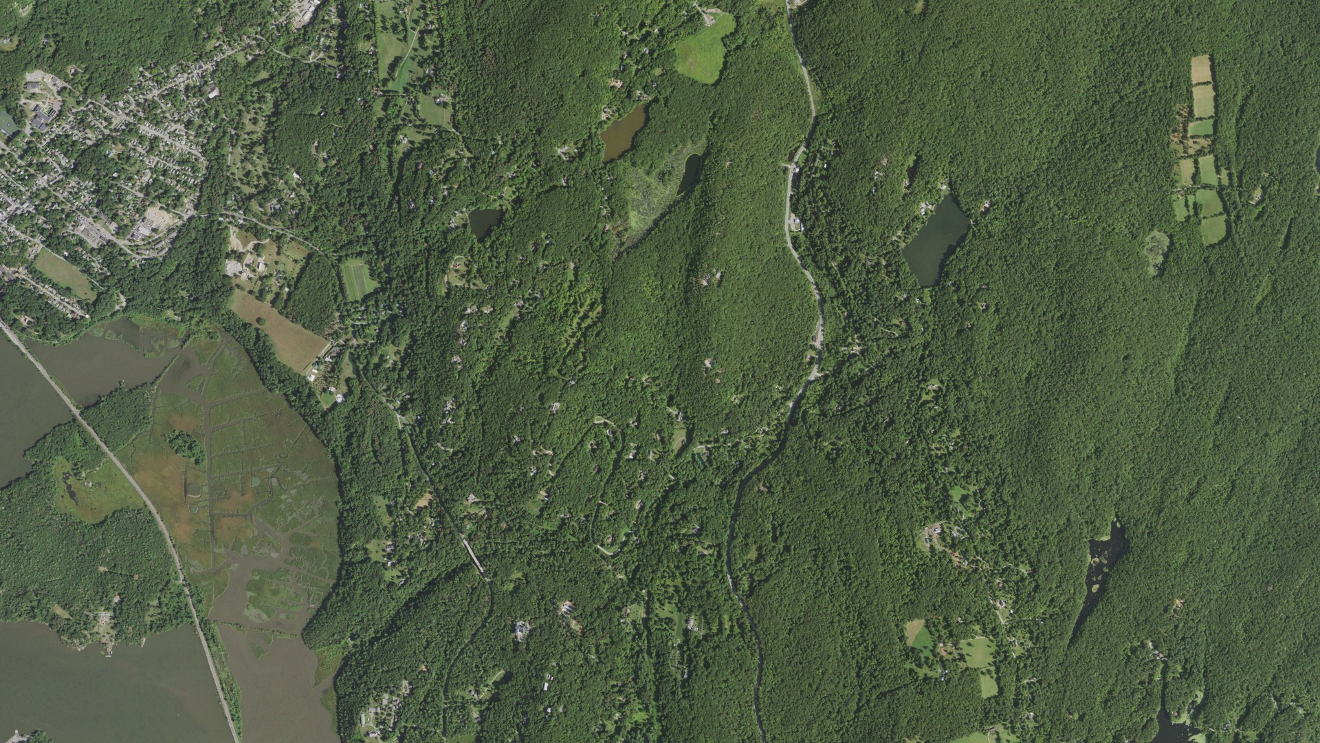 Natural-color aerial photograph of land around Philipstown, New York