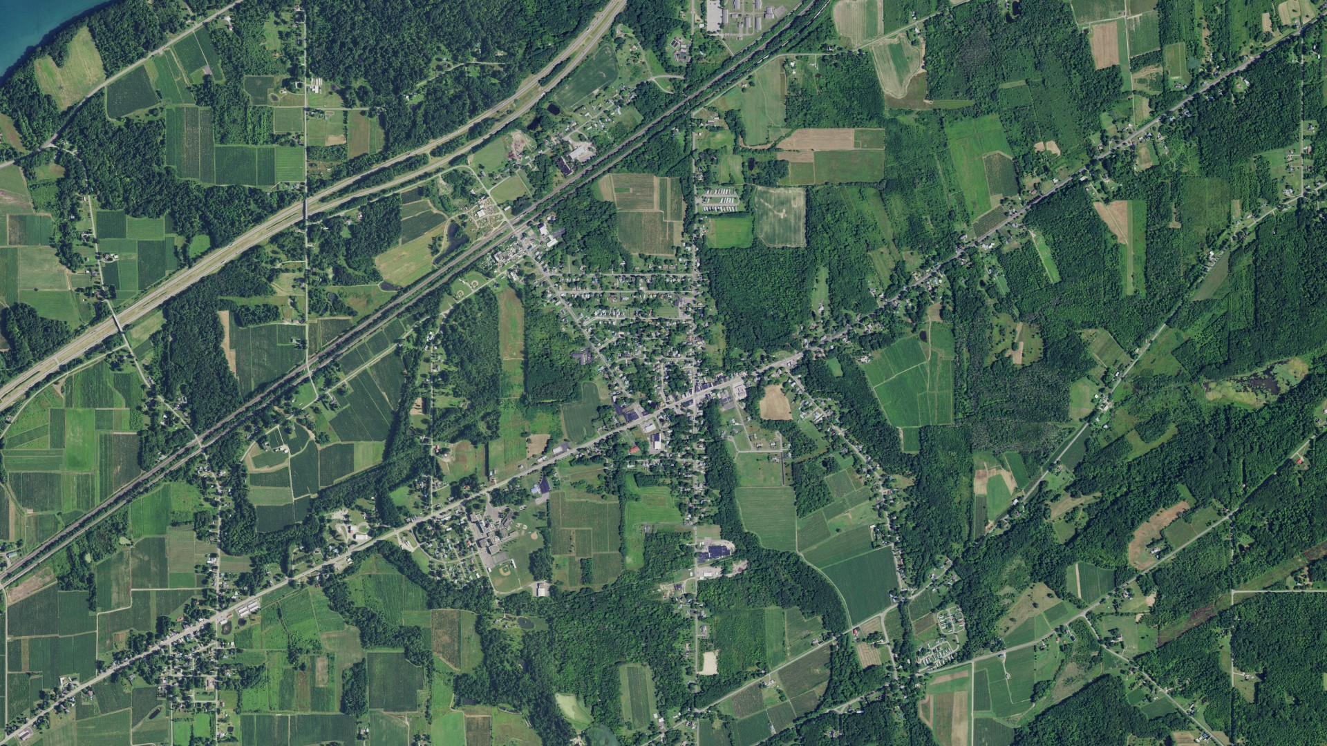 Natural-color aerial photograph of land around Brocton, New York