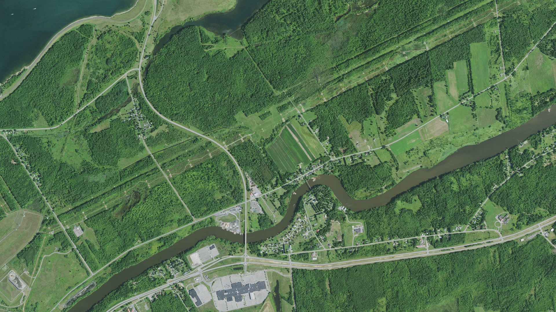 Natural-color aerial photograph of land around Massena, New York