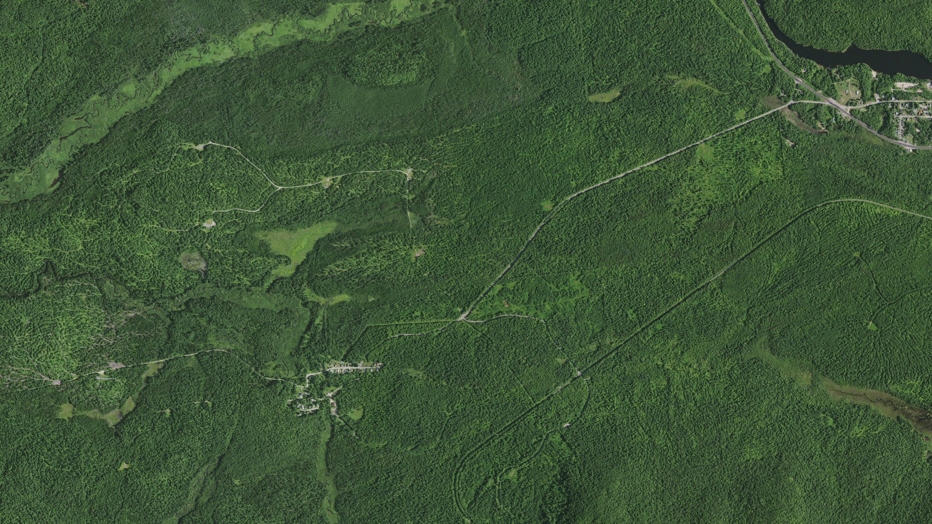 Natural-color aerial photograph of land around Piercefield, New York