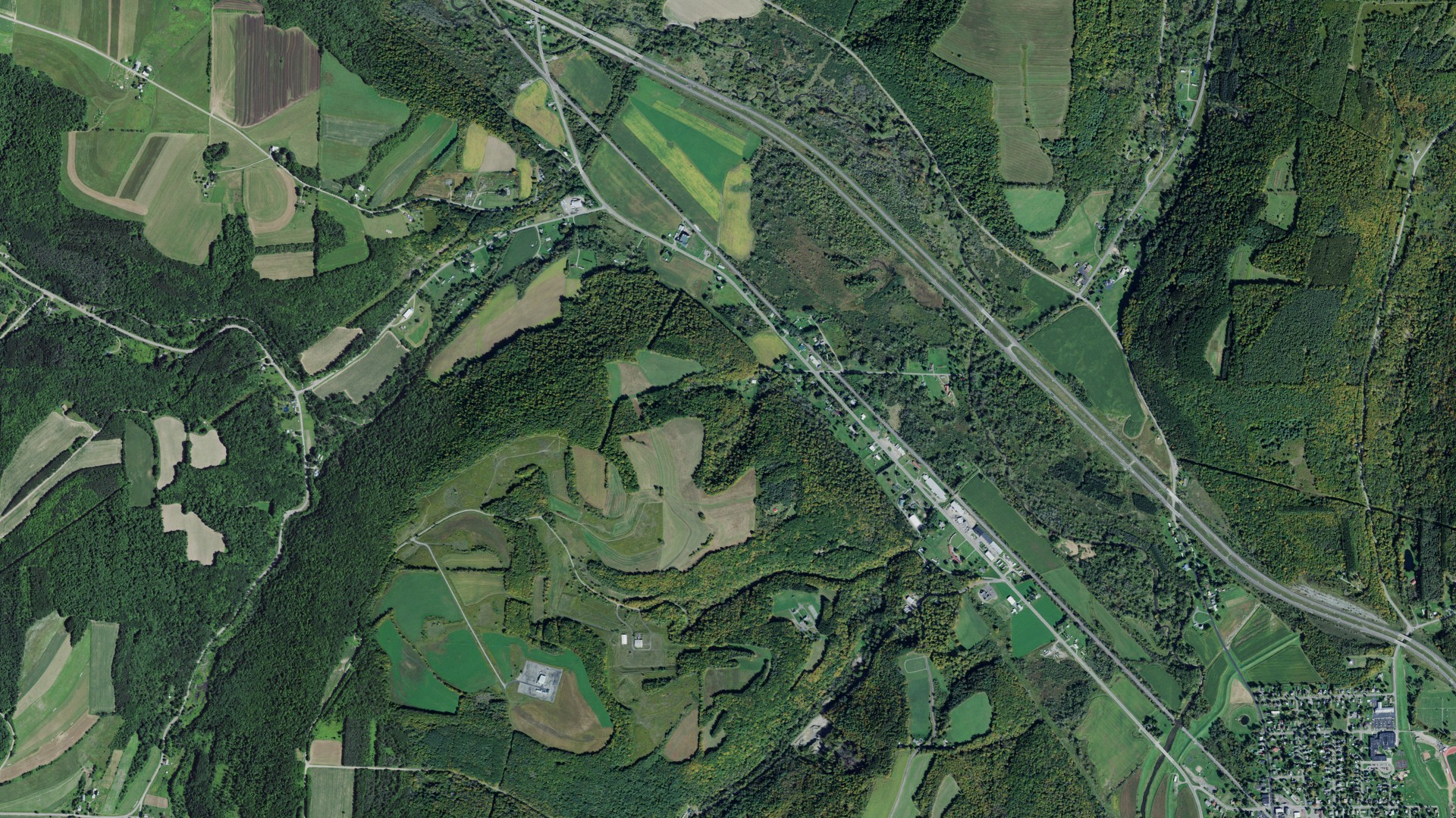 Natural-color aerial photograph of land around Avoca, New York