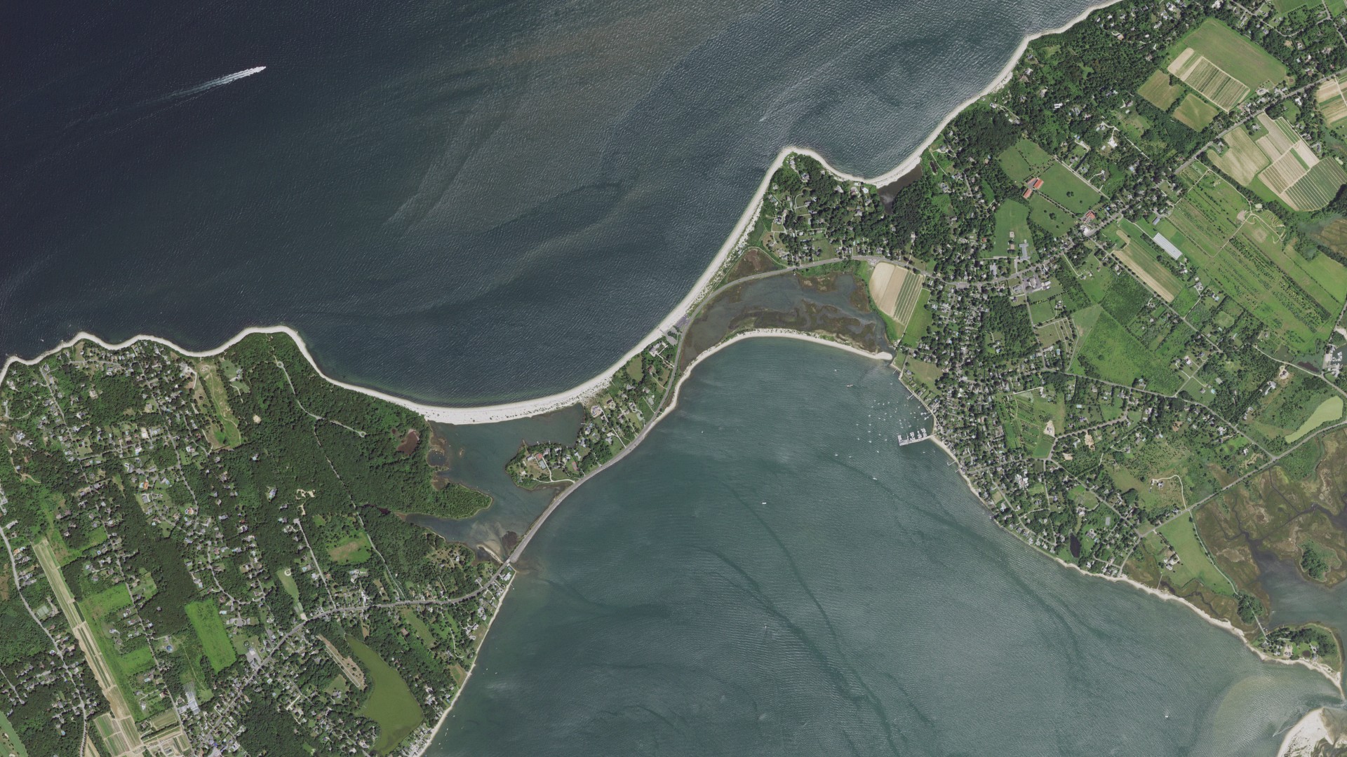 Natural-color aerial photograph of land around Southold, New York