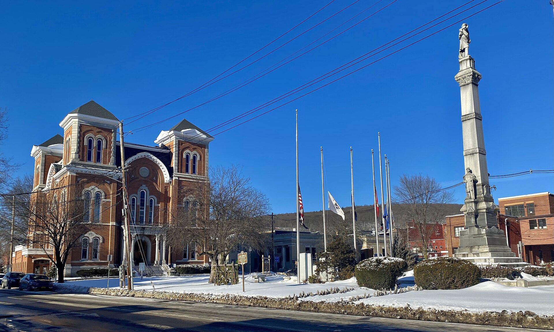 Courthouse Square in central Owego, New York, as seen on a February 2022 evening. — Tioga County, New York