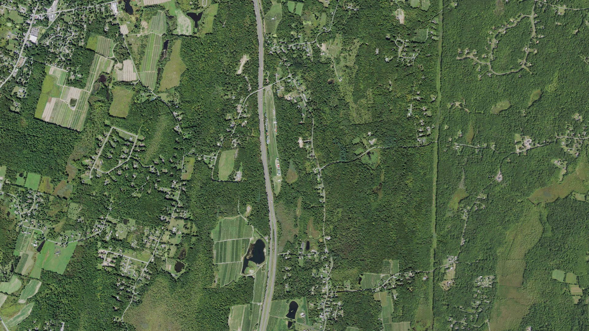 Natural-color aerial photograph of land around Plattekill, New York