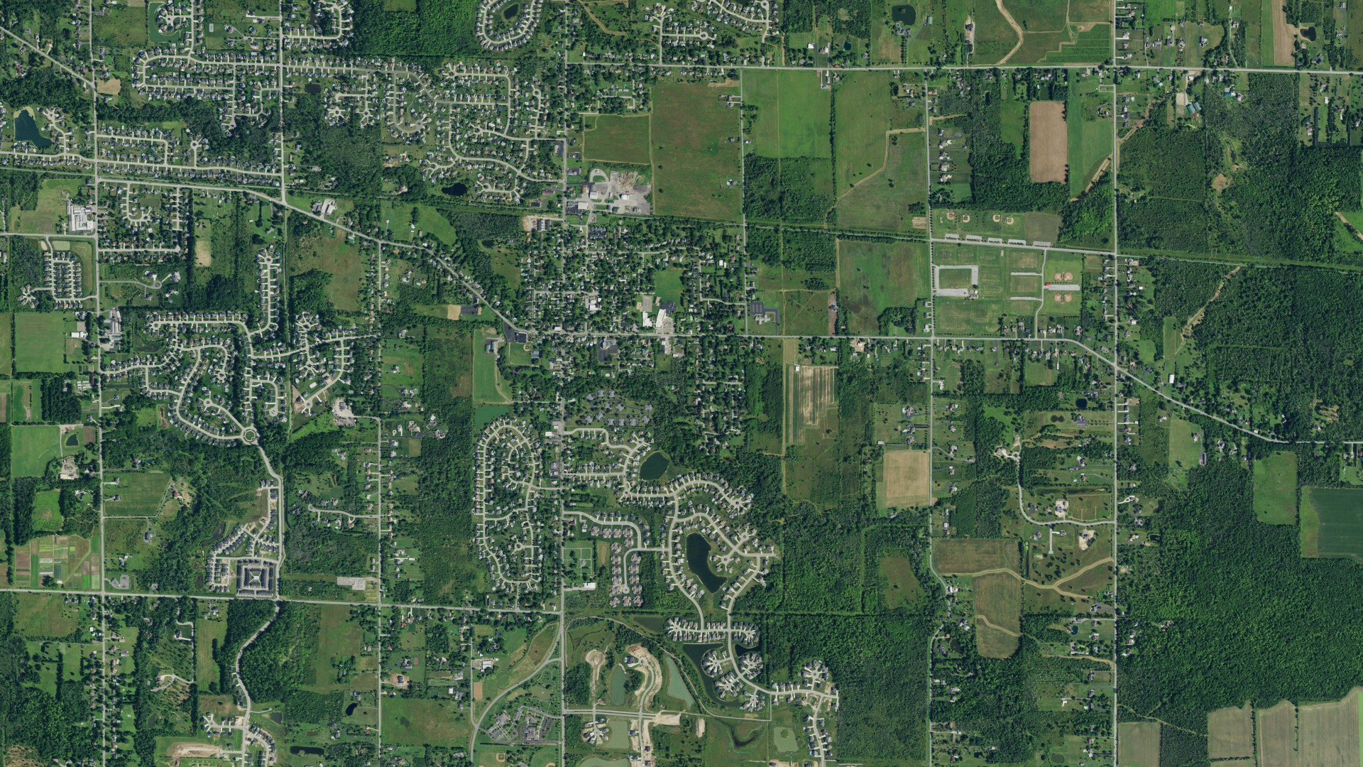 Natural-color aerial photograph of land around Clarence Center, New York