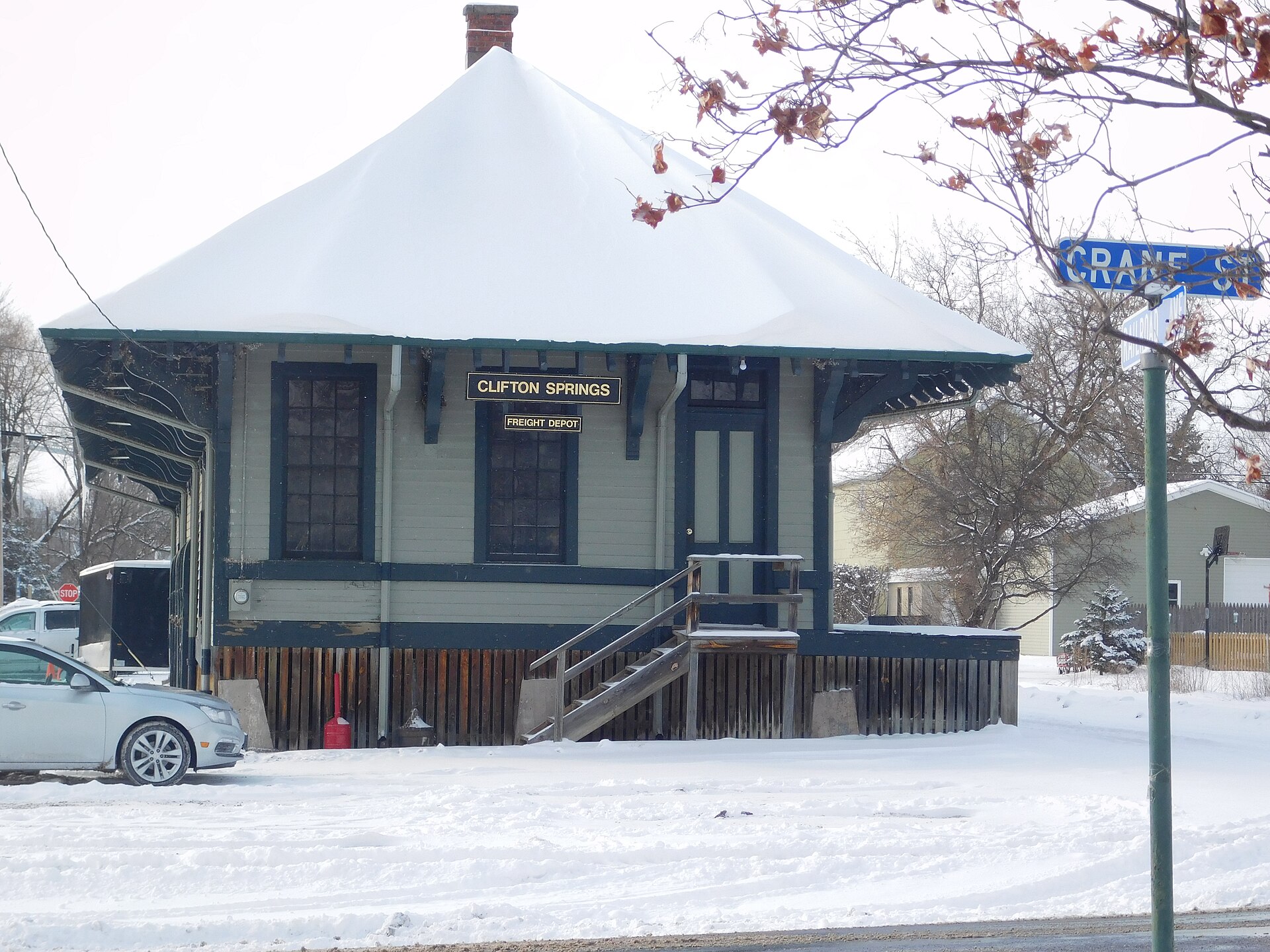 The former New York Central Railroad freight depot in Clifton Springs, New York.