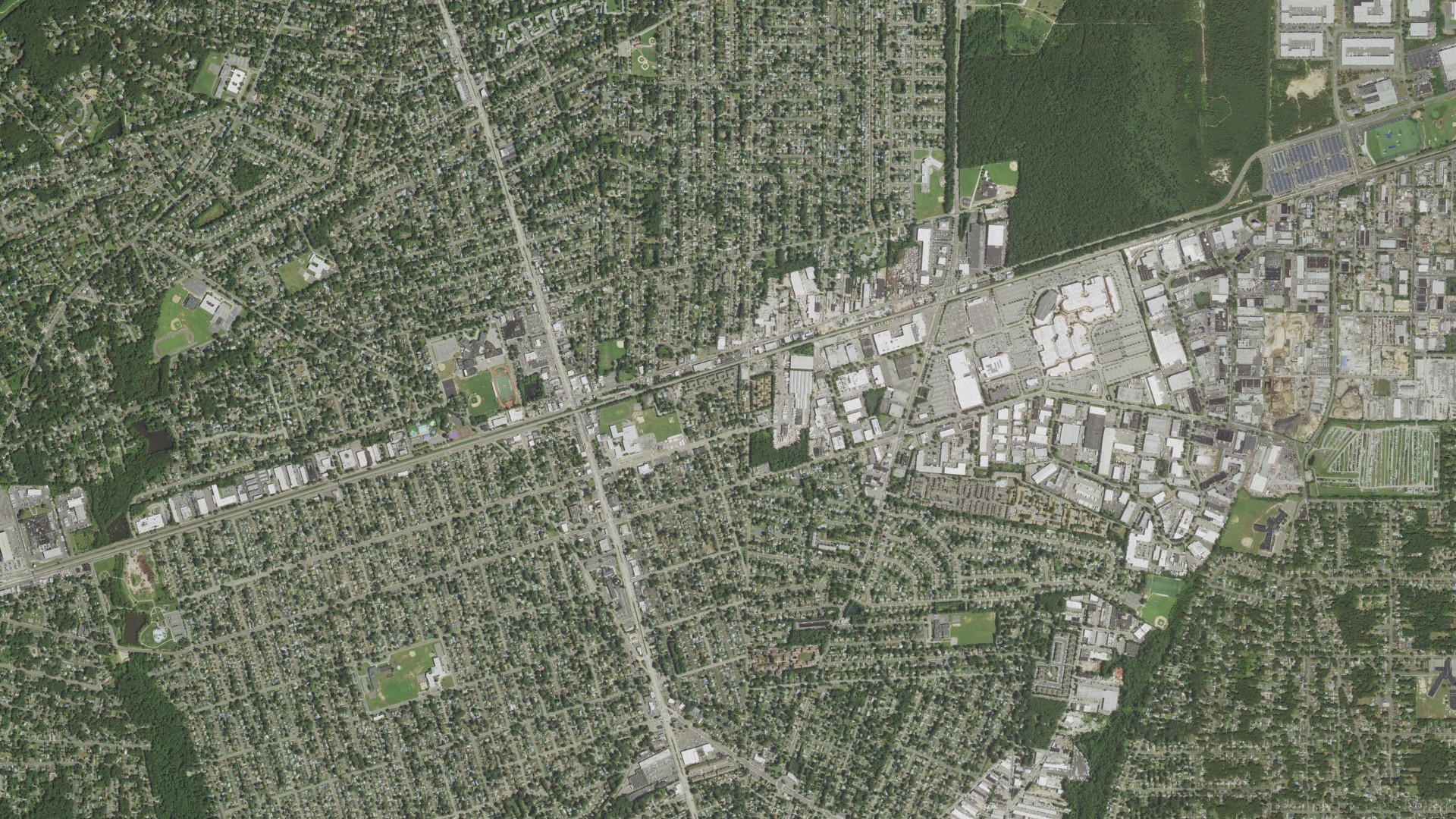 Natural-color aerial photograph of land around Deer Park, New York