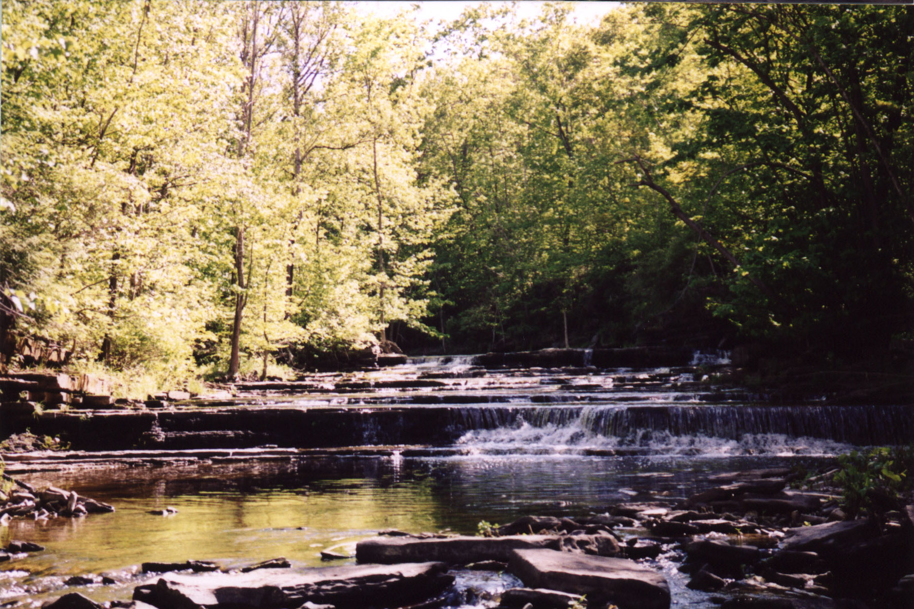 Normanskill Creek flowing over small sandstone falls near the town park — Duanesburg, New York