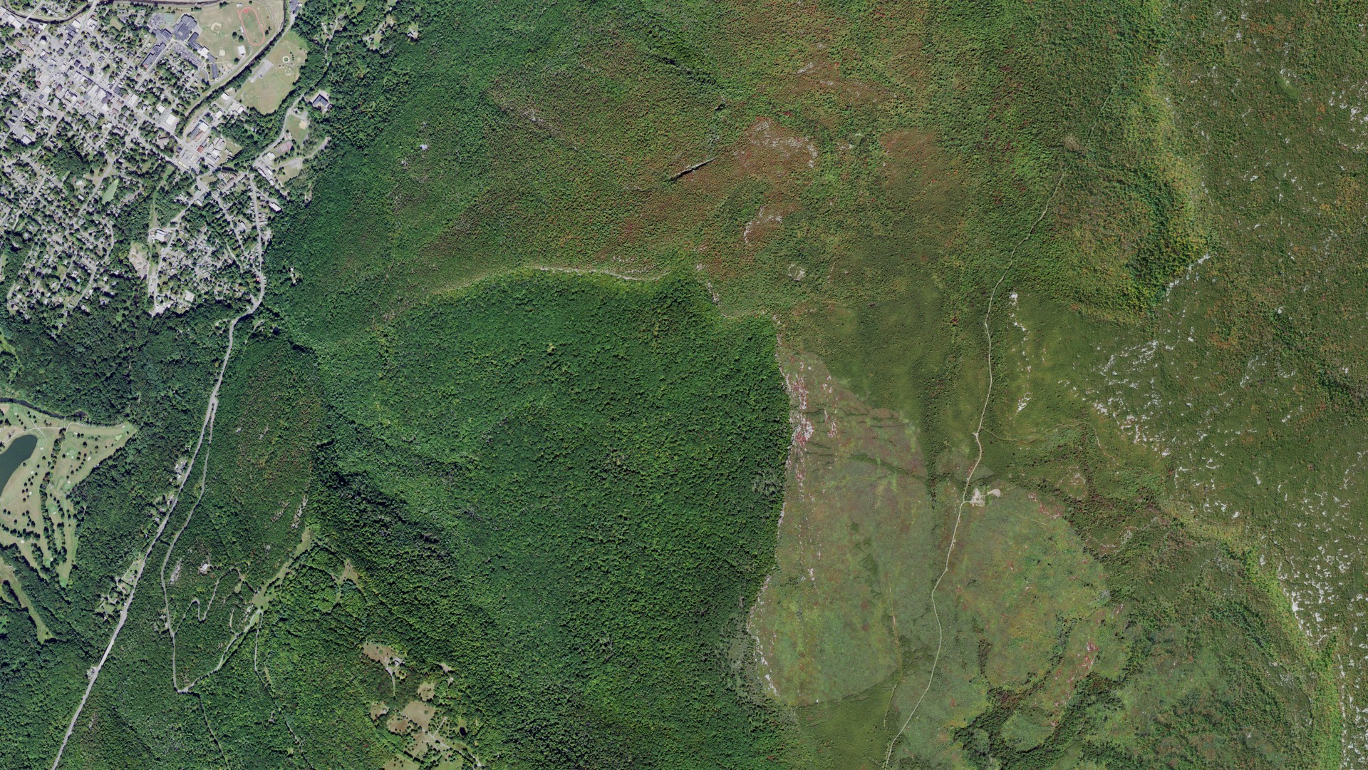 Natural-color aerial photograph of land around Ellenville, New York