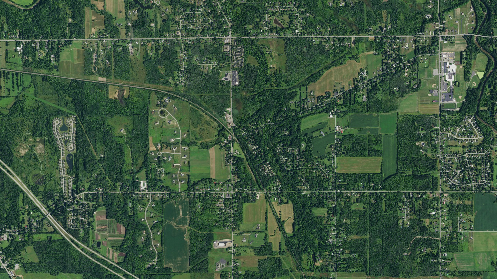 Natural-color aerial photograph of land around Elma Center, New York