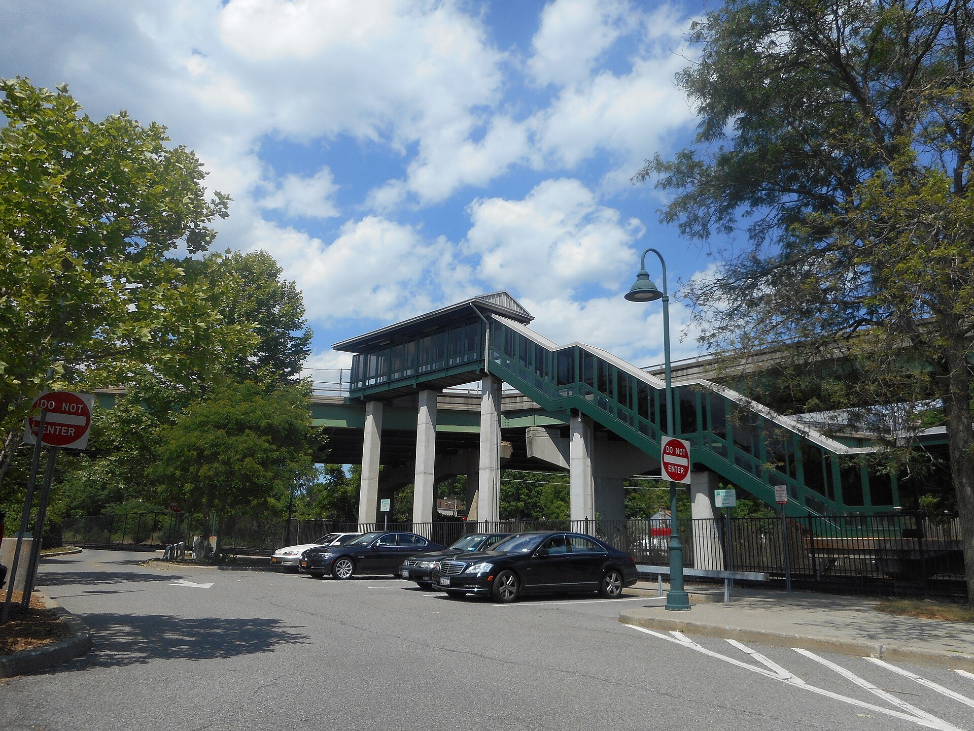 Staircase to the Waccabuc Road Bridge from the north end of the center platform of the Golden's Bridge Metro-North station on the Metro-North Harlem Line in Golden's Bridge, New York.