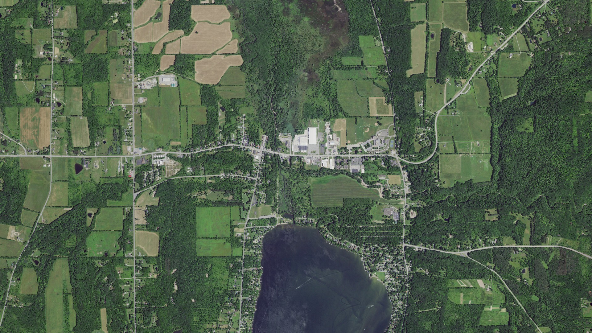 Natural-color aerial photograph of land around Honeoye, New York