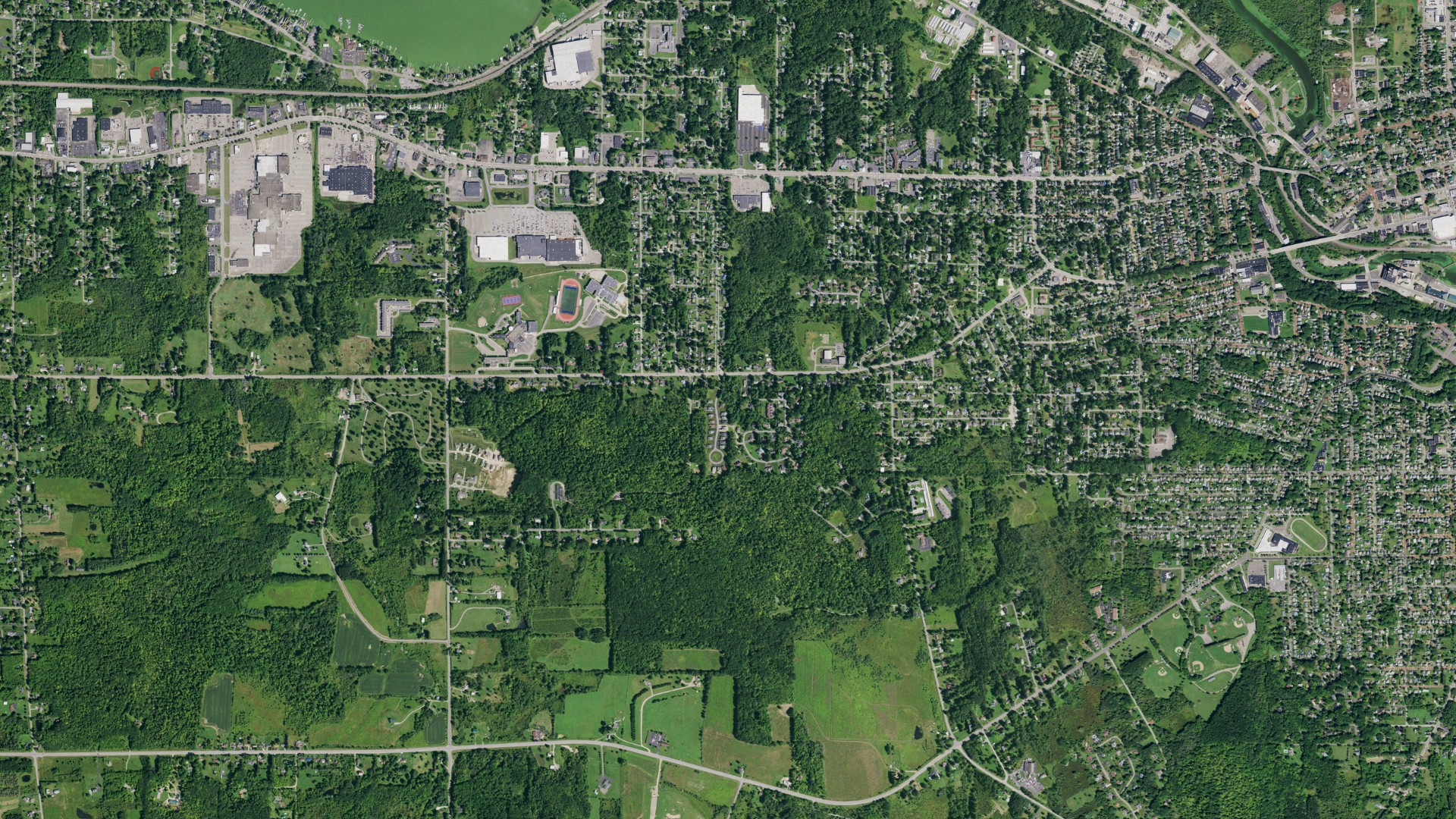 Natural-color aerial photograph of land around Jamestown West, New York