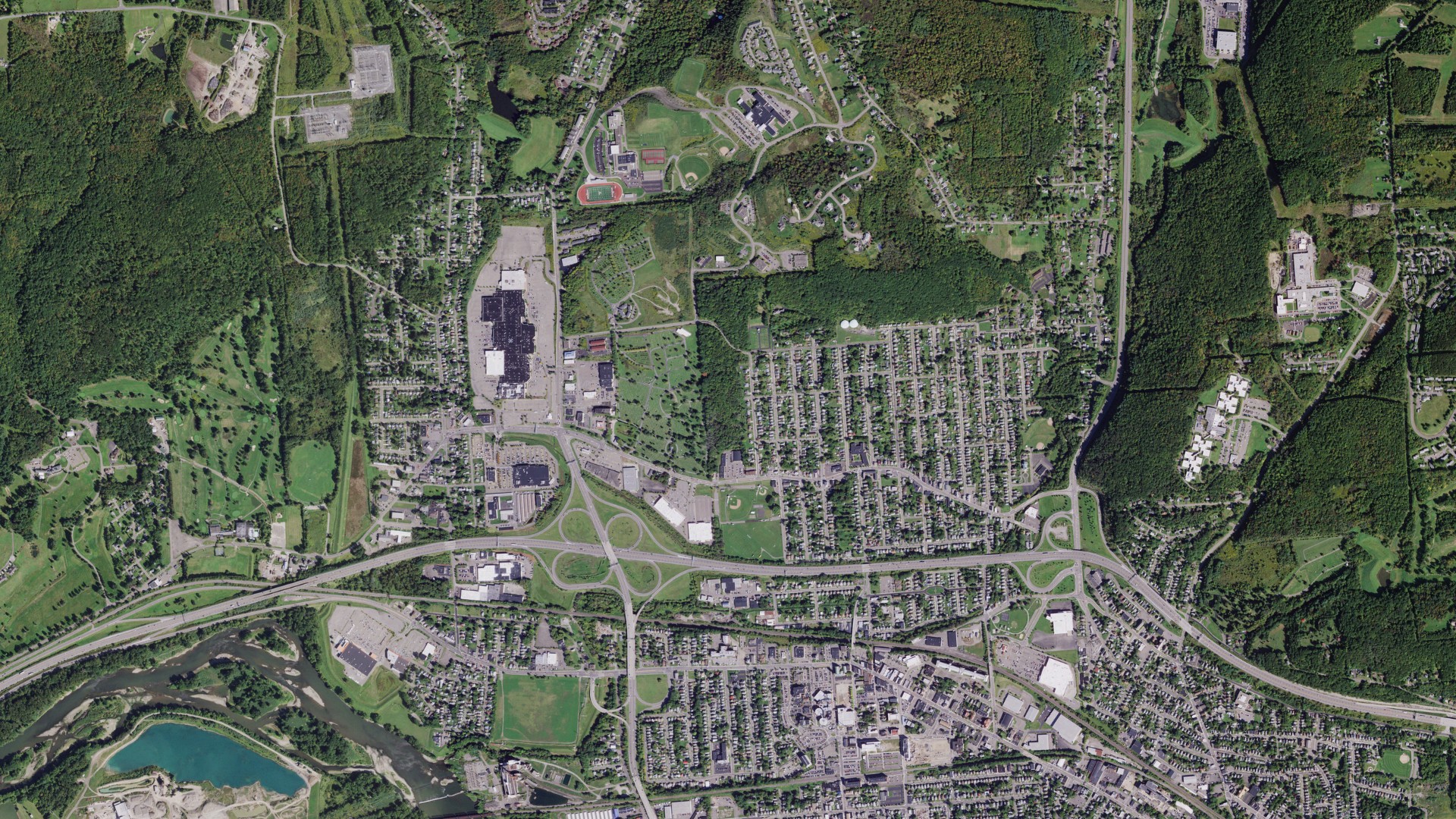 Natural-color aerial photograph of land around Johnson City, New York