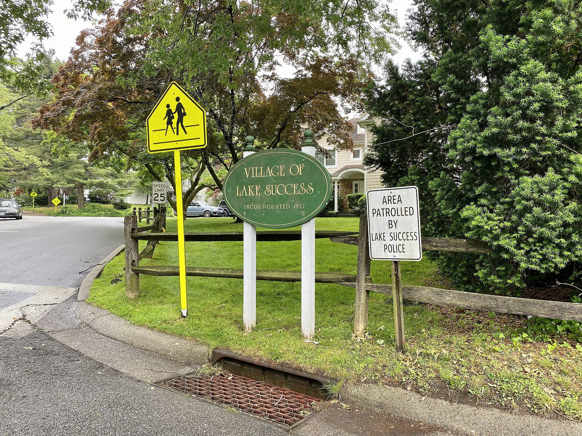 A welcome sign to Lake Success on Westminster Road in Lake Success, New York.