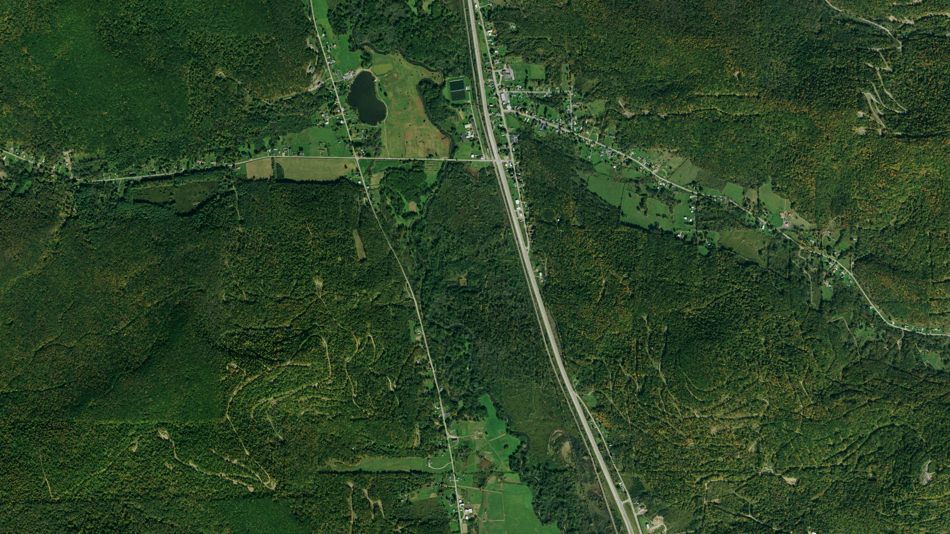 Natural-color aerial photograph of land around Limestone, New York