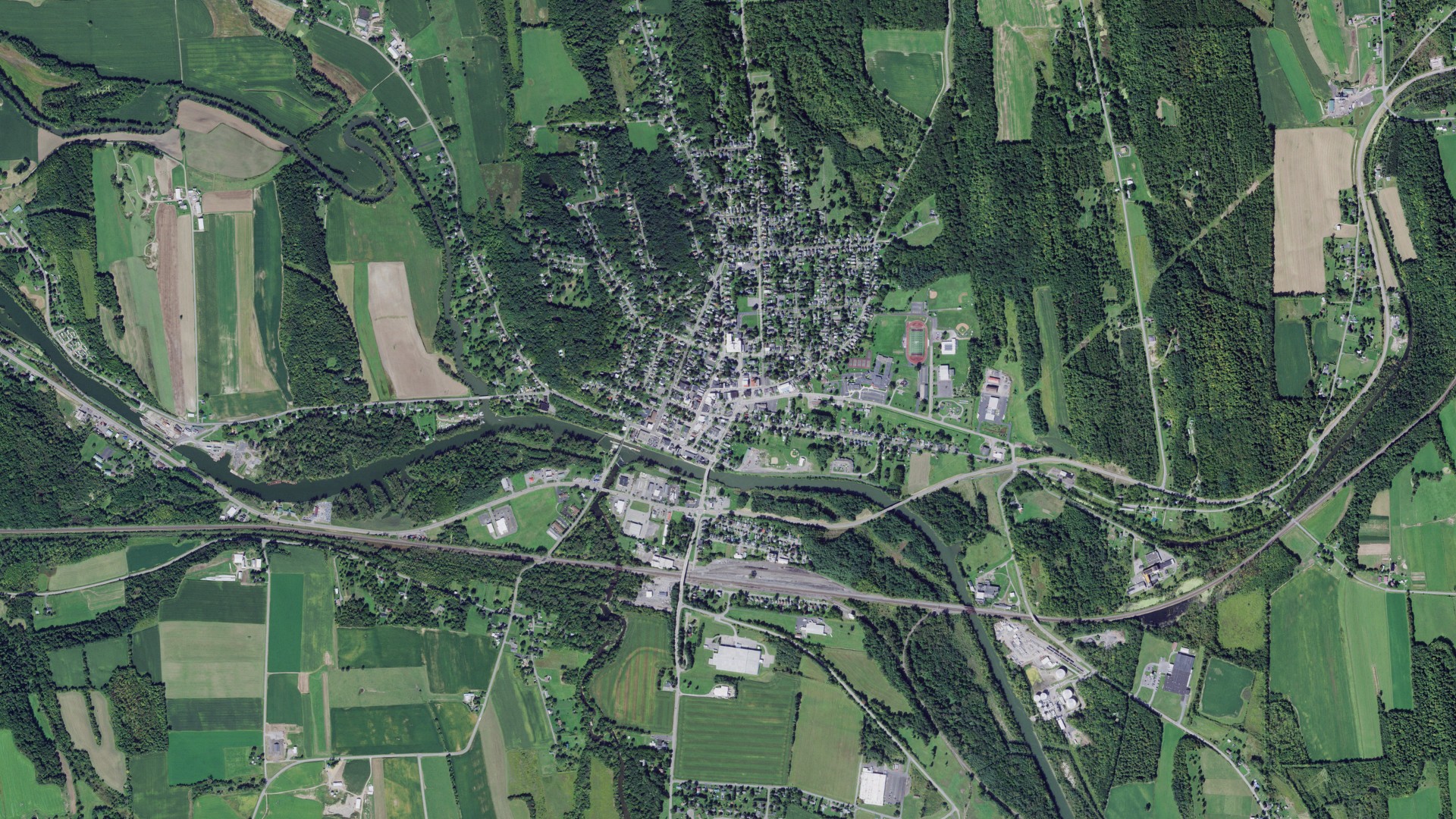 Aerial view of land around Lyons, New York