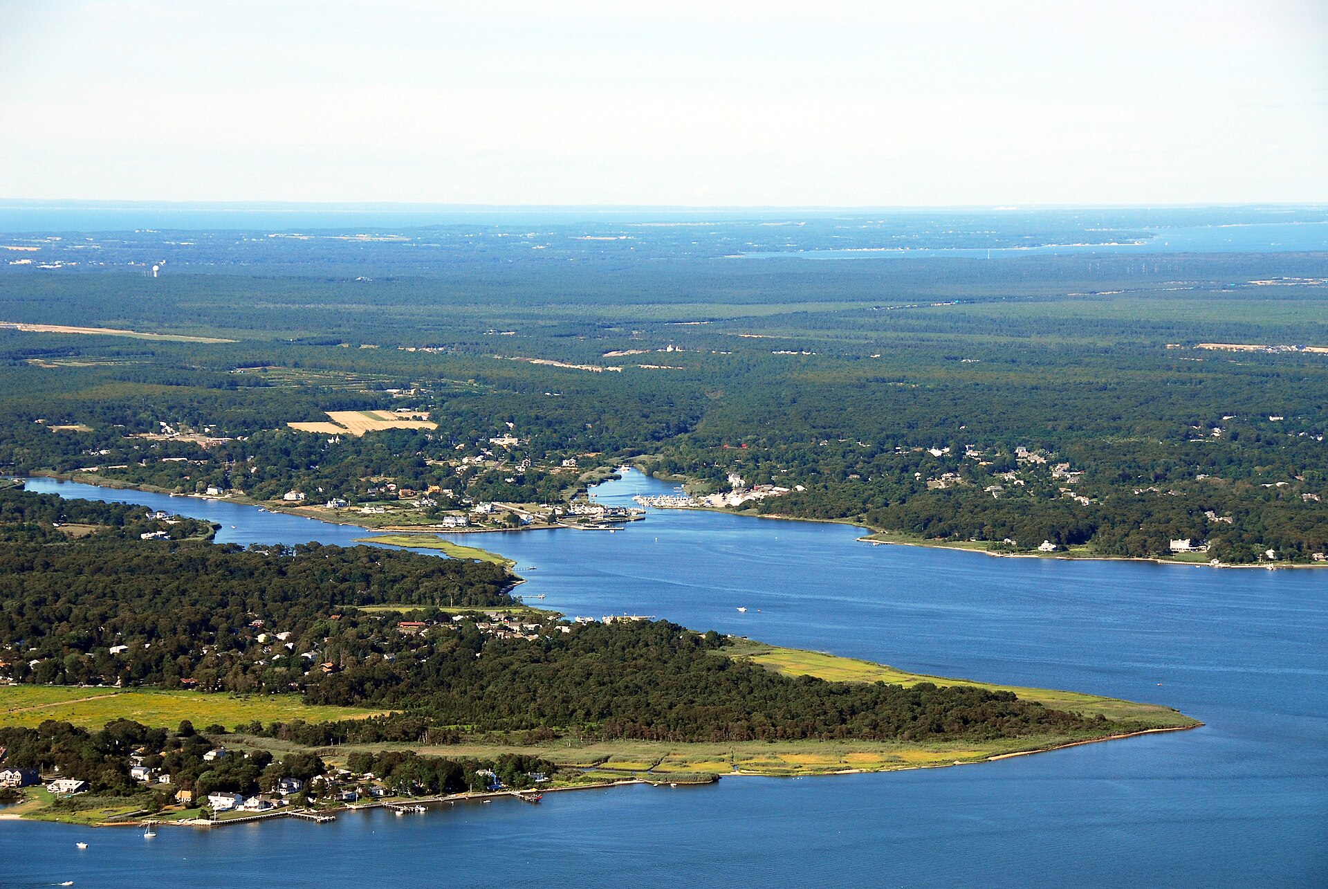 2006 aerial shot showing the East Moriches (bottom) and Moriches (top) hamlets in Suffolk County, New York.