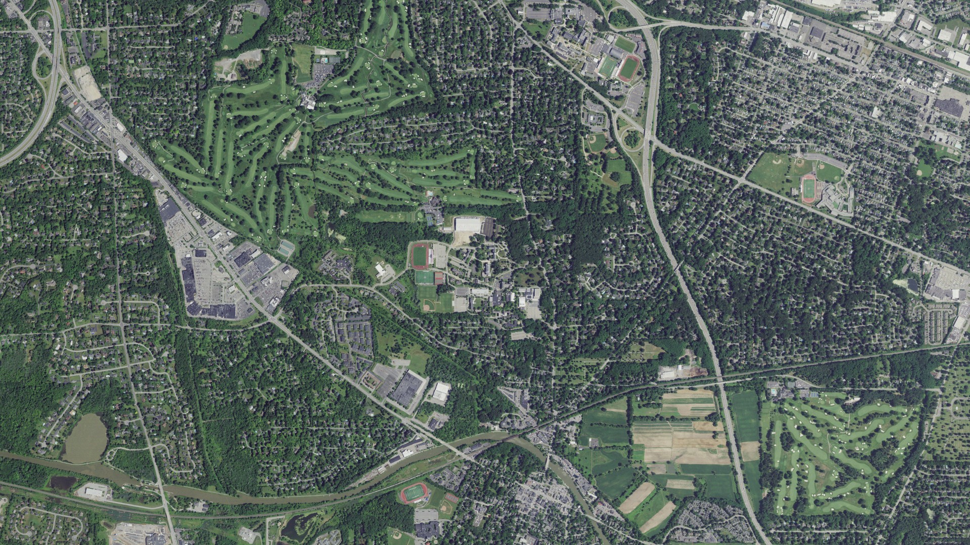 Natural-color aerial photograph of land around Nazareth College, New York