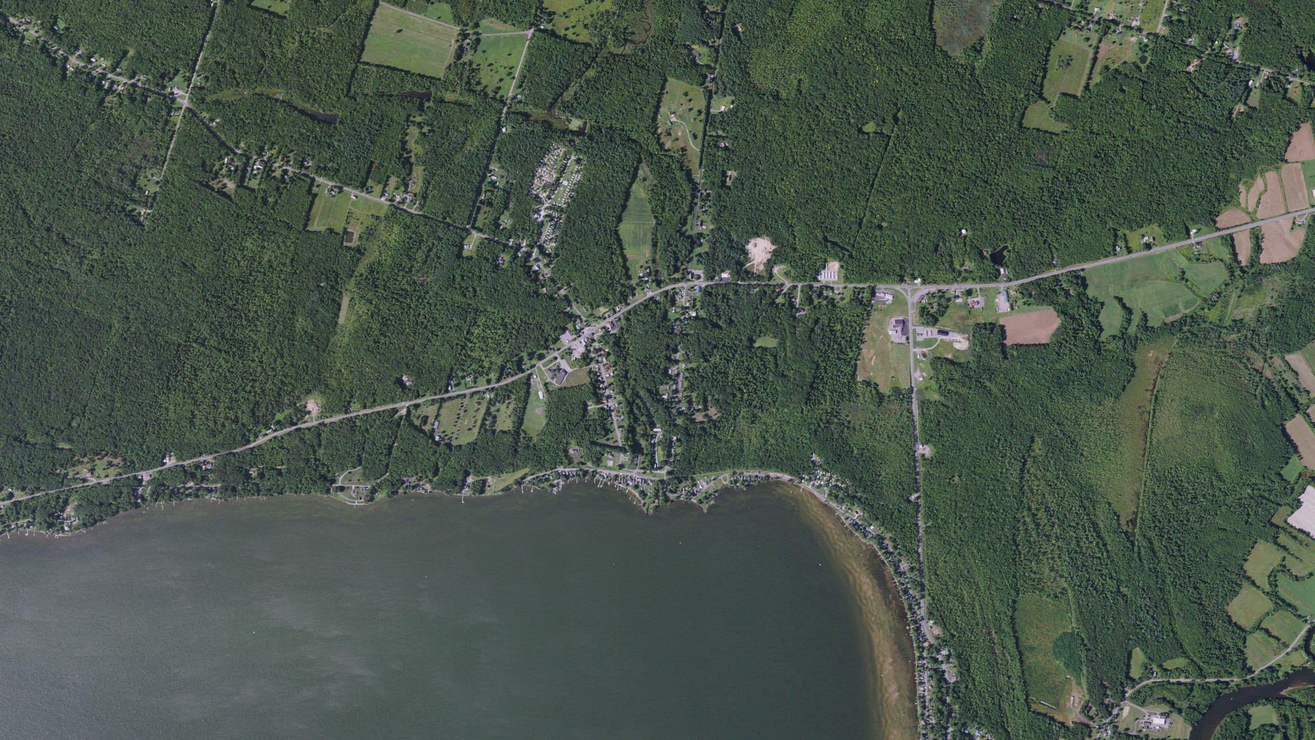 Natural-color aerial photograph of land around North Bay, New York