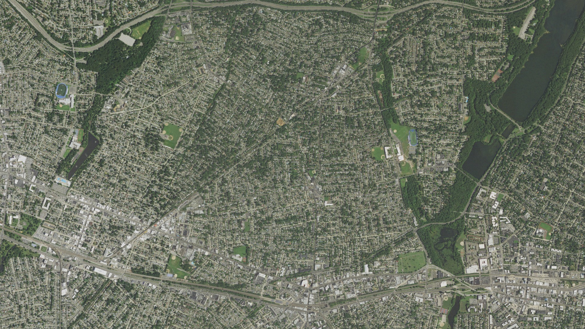 Natural-color aerial photograph of land around North Lynbrook, New York