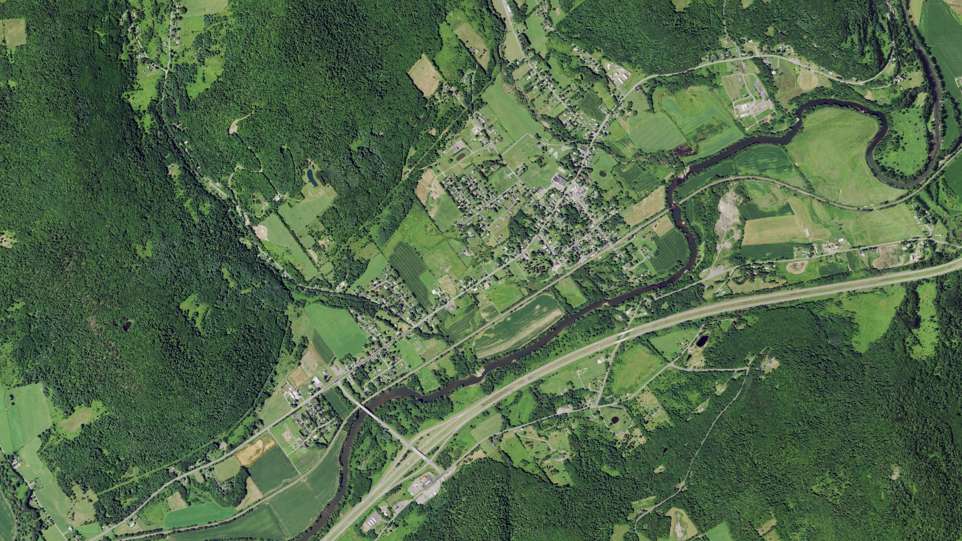 Aerial view of land around Otego, New York