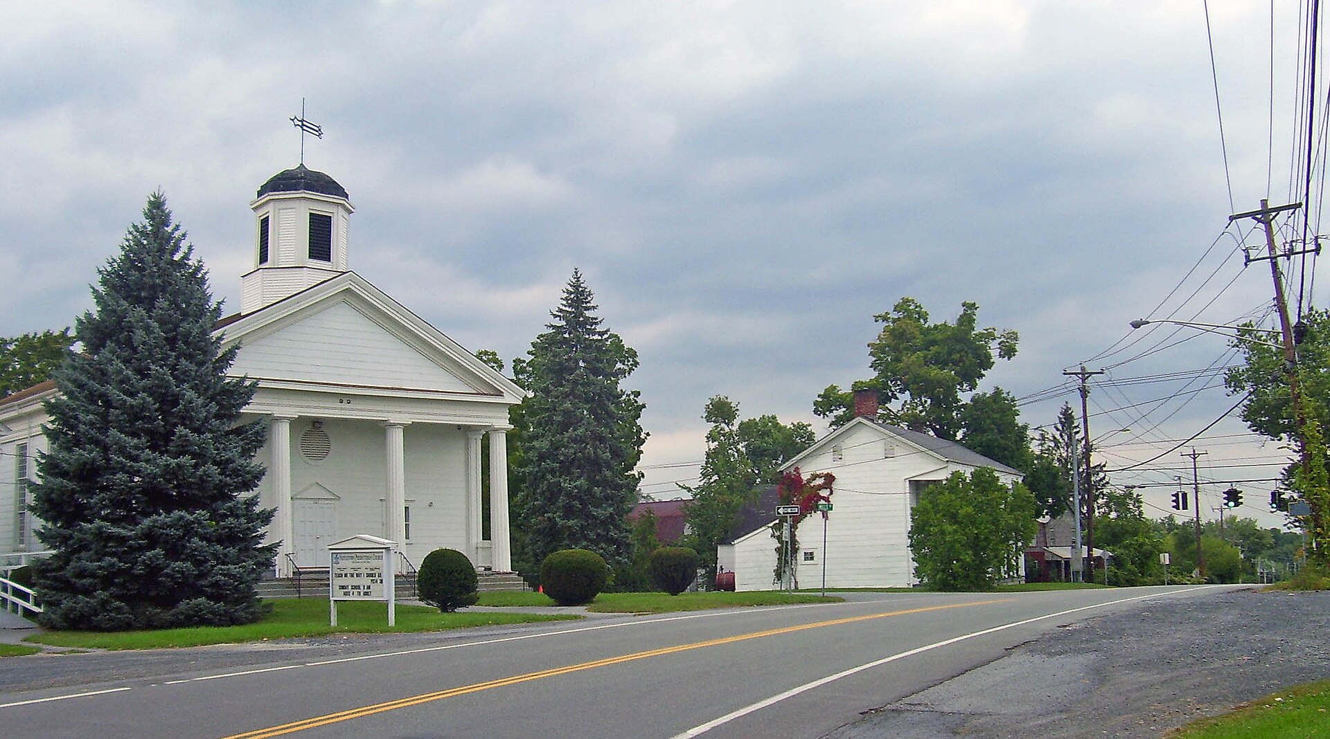 Historic church and other buildings in the center of mostly rural Scotchtown, NY, USA — New York