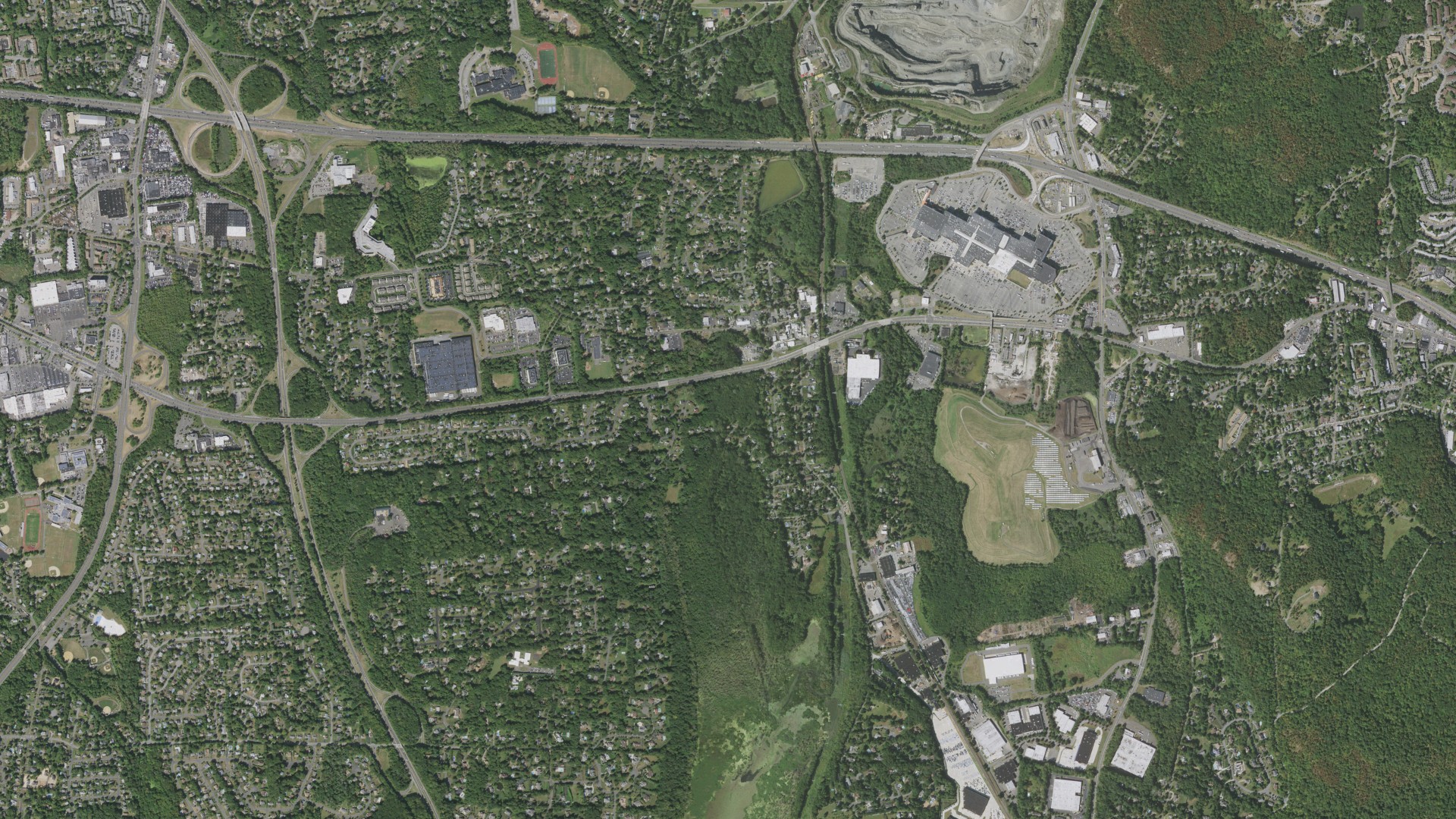 Natural-color aerial photograph of land around West Nyack, New York