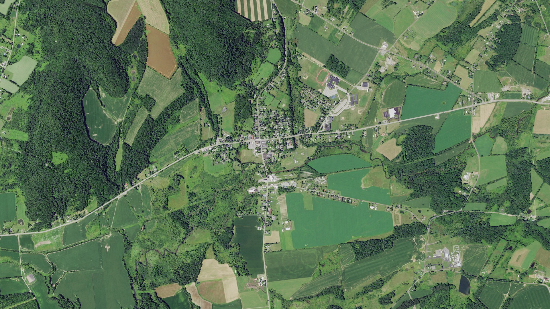 Natural-color aerial photograph of land around West Winfield, New York