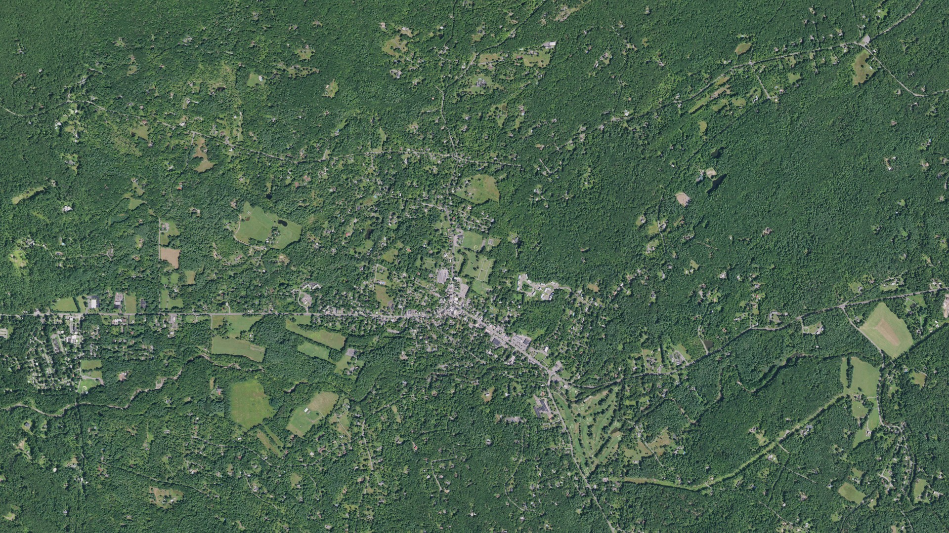 Natural-color aerial photograph of land around Woodstock, New York