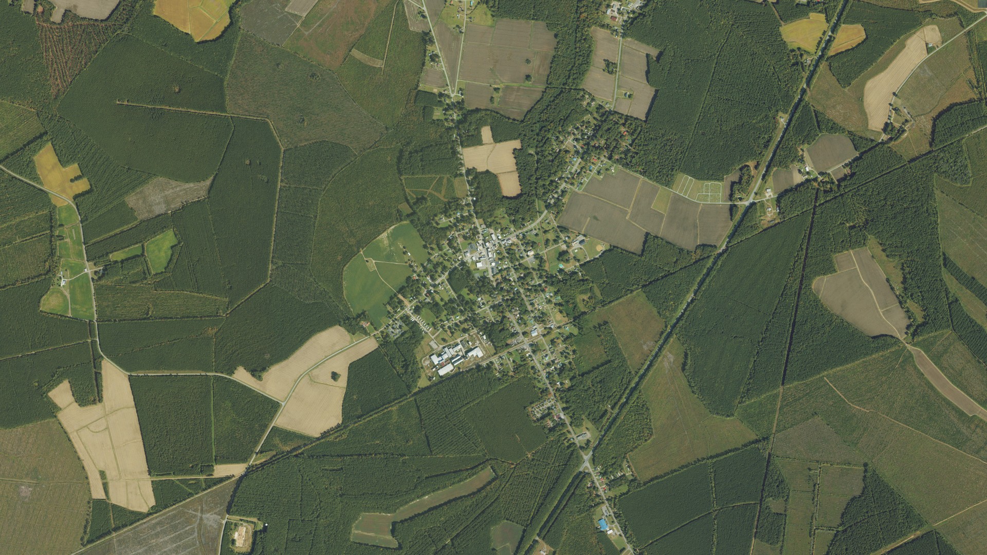 Natural-color aerial photograph of land around Aulander, North Carolina