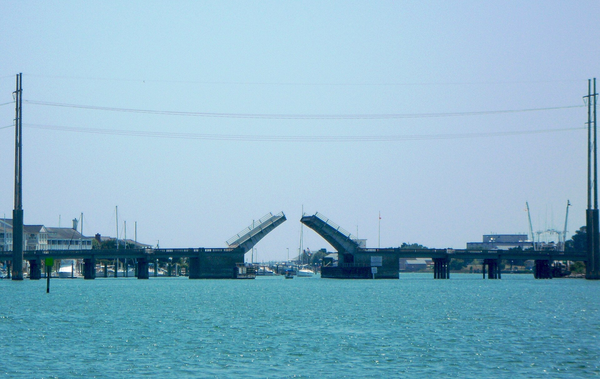 Grayden Paul Drawbridge in Beaufort, North Carolina, with its bascule span open for a sailboat to pass though.